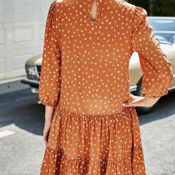 Orange Floral Tiered Ruffle Hem 3/4 Sleeve Dress - Picture 4 of 6